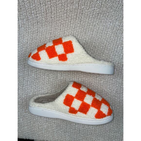 Mia Cozi Faux Fur Check Slide Slippers Women's Orange/Cream Size US7M EU38 - Picture 3 of 8